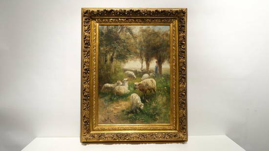 A Belgian oil on canvas painting by Henry Schouten (1857-1927): A Belgian oil on canvas painting by Henry Schouten (1857-1927) of sheeps in a landscape. Mounted in a richly ornamated patinated wooden frame. Late 19th Century. Length: 65 cm Height: 90 cm (excl. fr