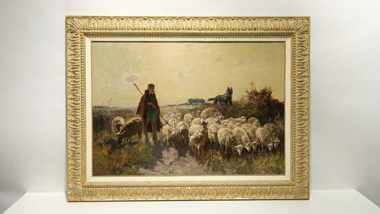 A Belgian oil on canvas painting by Henry Schouten (1857-1927): A Belgian oil on canvas painting by Henry Schouten (1857-1927) of a shepherd and a dog with their sheep. Patinated wooden frame mounted. Late 19th Century. Length: 100 cm Height: 70 cm (excl. frame)