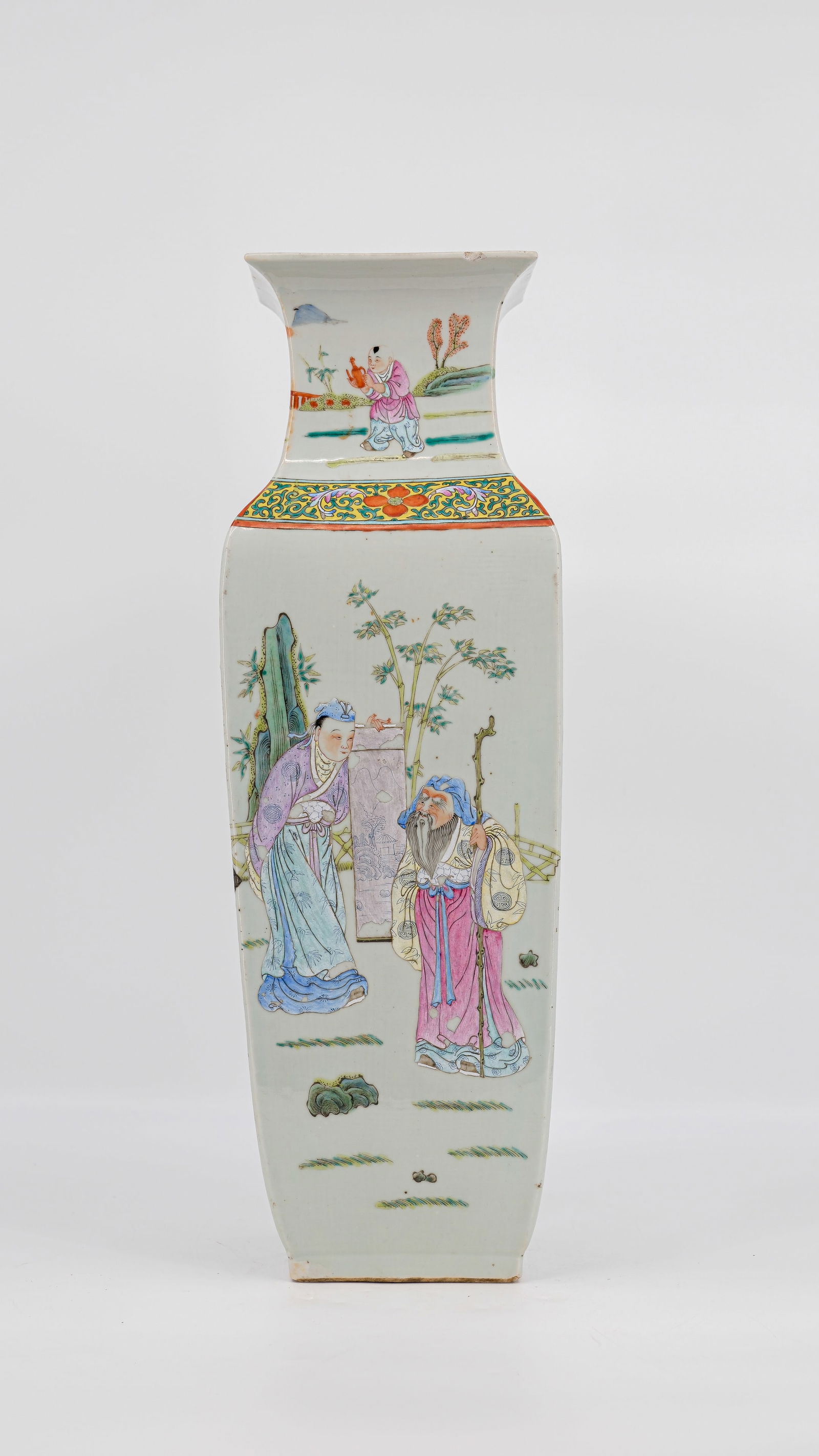 A square shaped Chinese Famille rose vase. Fine decorated with various figural scene's (1 of 12)