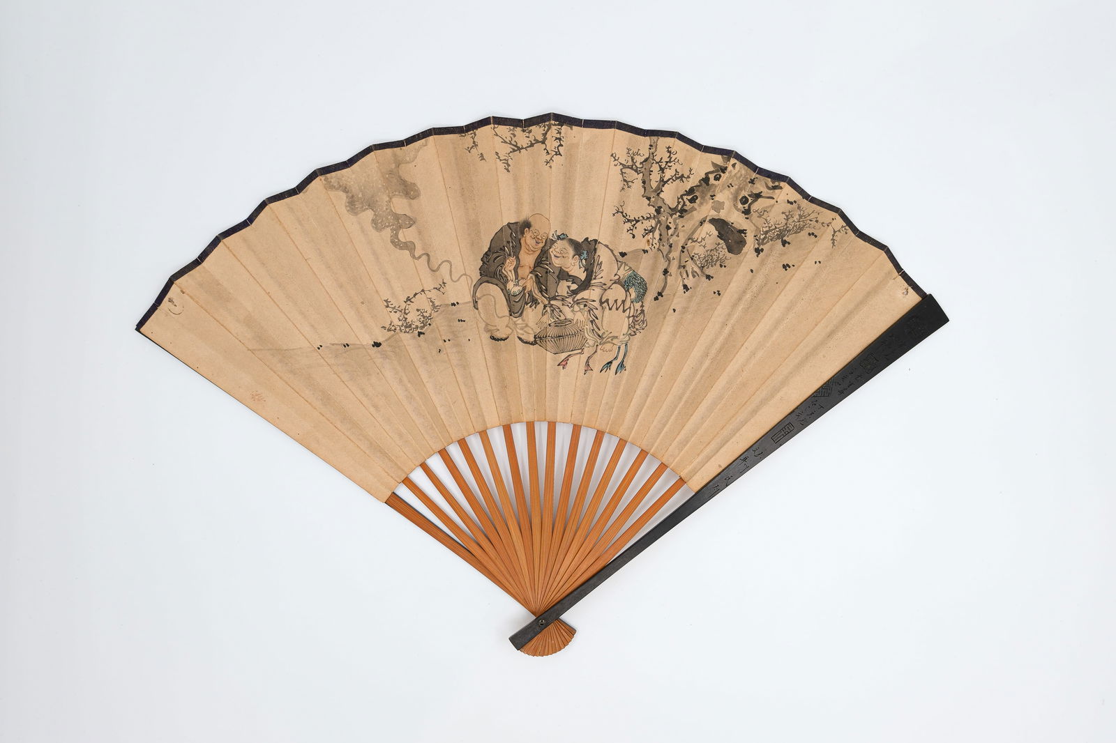 A Chinese hand painted fan, watercolor on paper and decorated with two immortals (1 of 4)