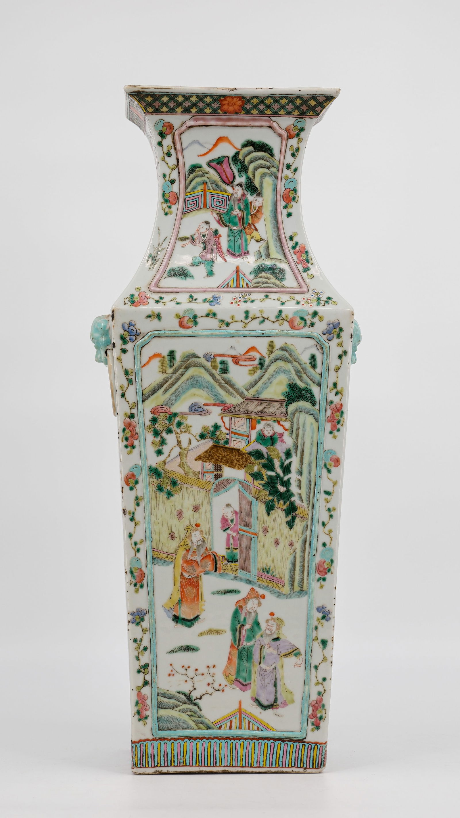 A Rectangular shaped Chinese Famille rose and figural decorated porcelain vase, ringed Fu-lion (1 of 14)
