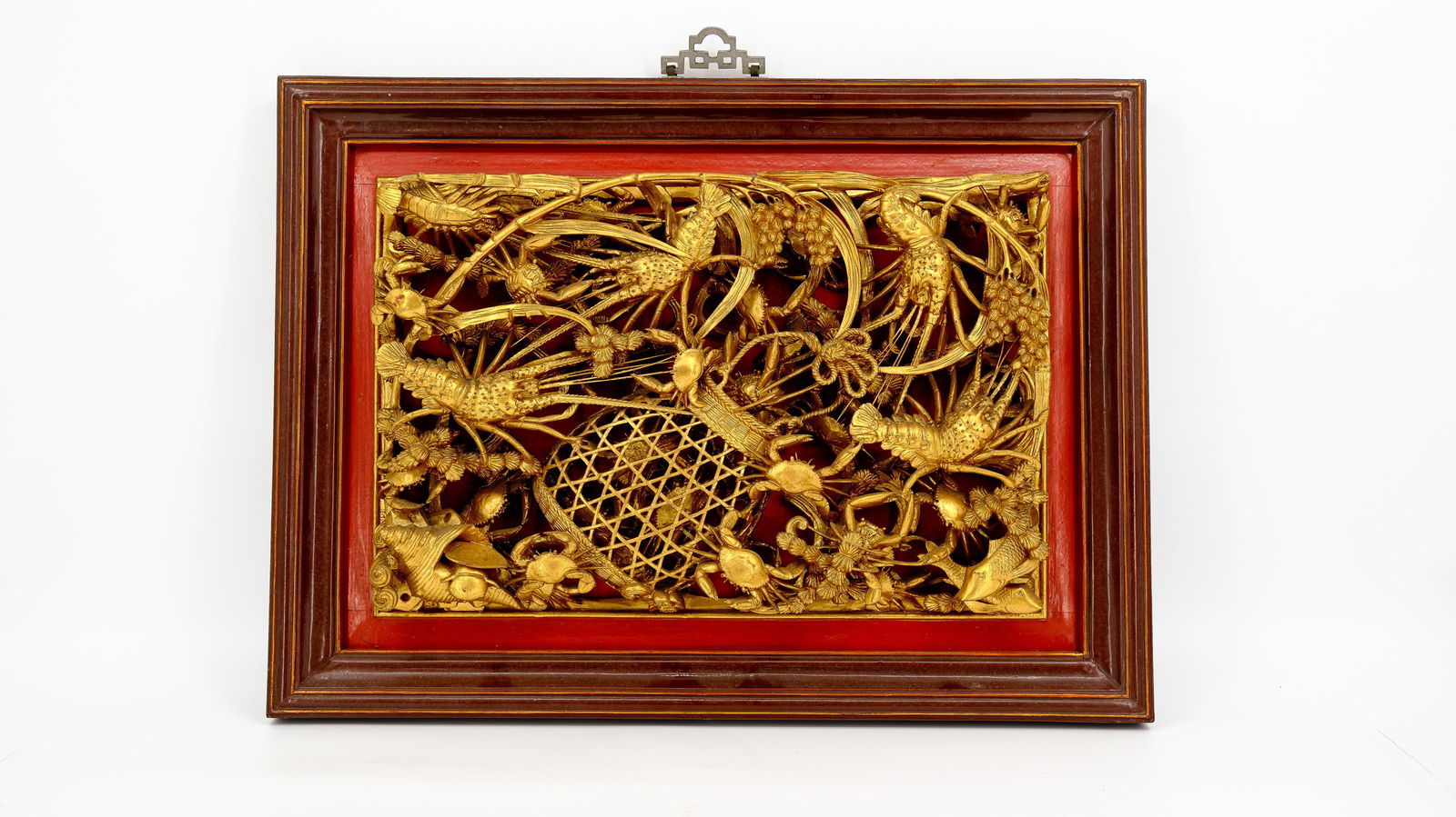 A Chinese gilt polychrome carved wood bas relief will plaque, decorated with a Crayfish scene. (1 of 6)