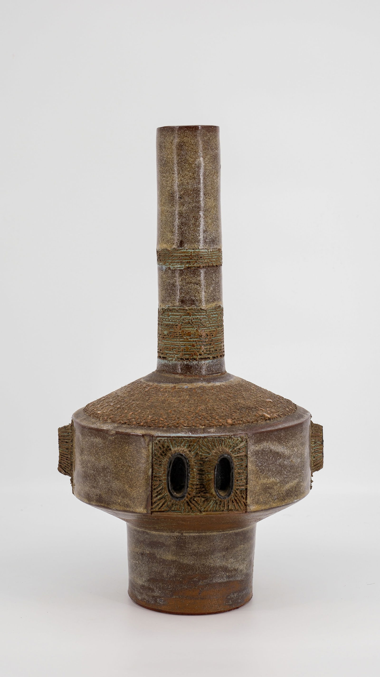 A Belgian marked Amphora, vintage glazed ceramic and bottle shaped footed vase. 1960-1970's. (1 of 10)