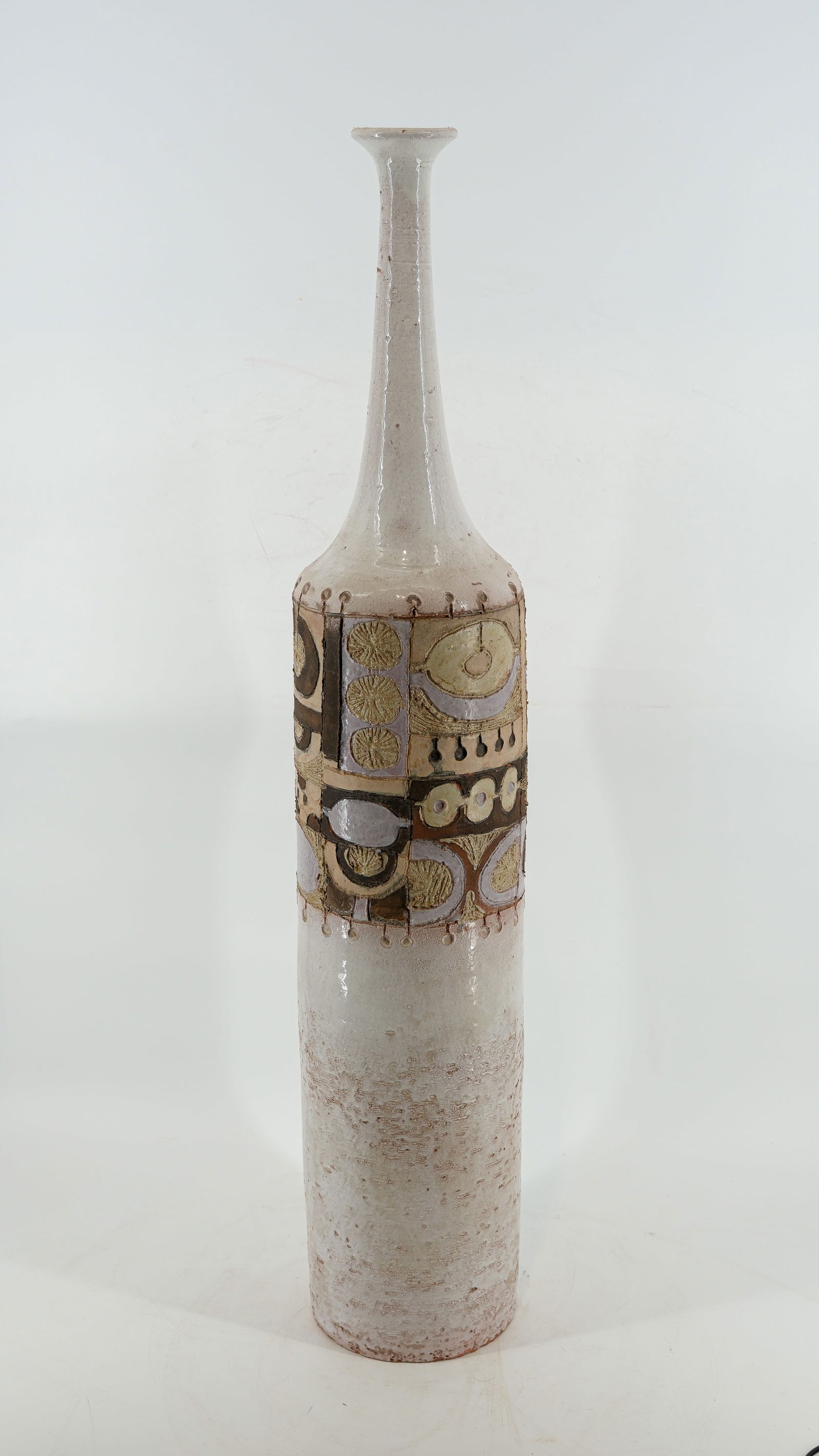 A Belgian vintage glazed ceramic decorated bottle shaped vase. Marked by Perignem and 1960 - 1970's.: An imposing and large Belgian vintage glazed ceramic decorated bottle shaped vase. Marked by Perignem and 1960 - 1970's. H: 106 cm
