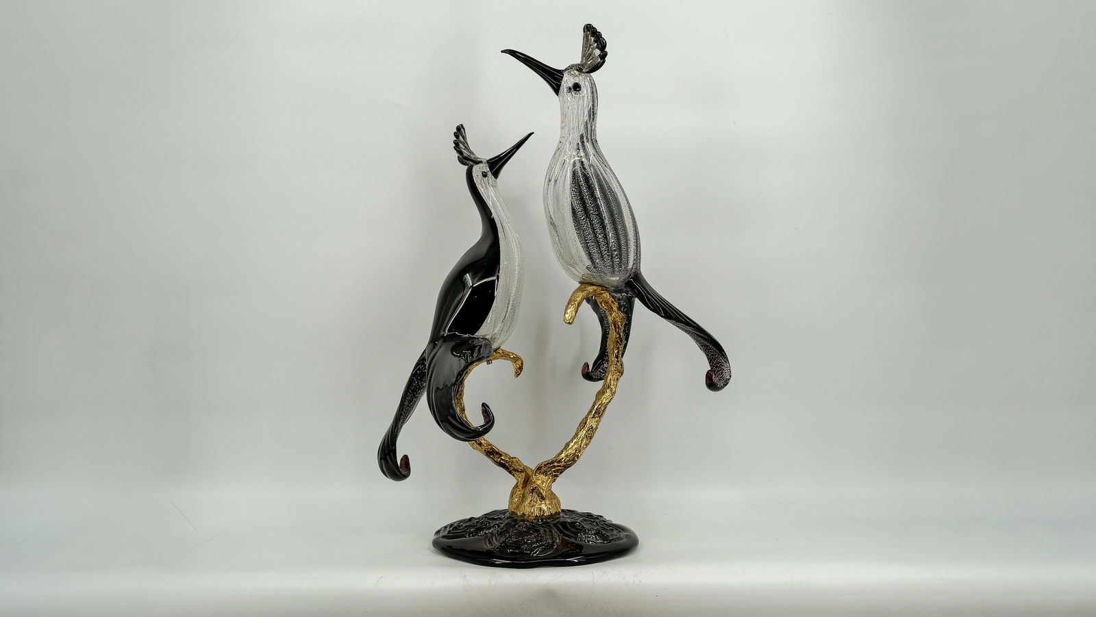 An imposing and large figural glass Venice Murano group of two birds on a polished bronze branch (1 of 10)