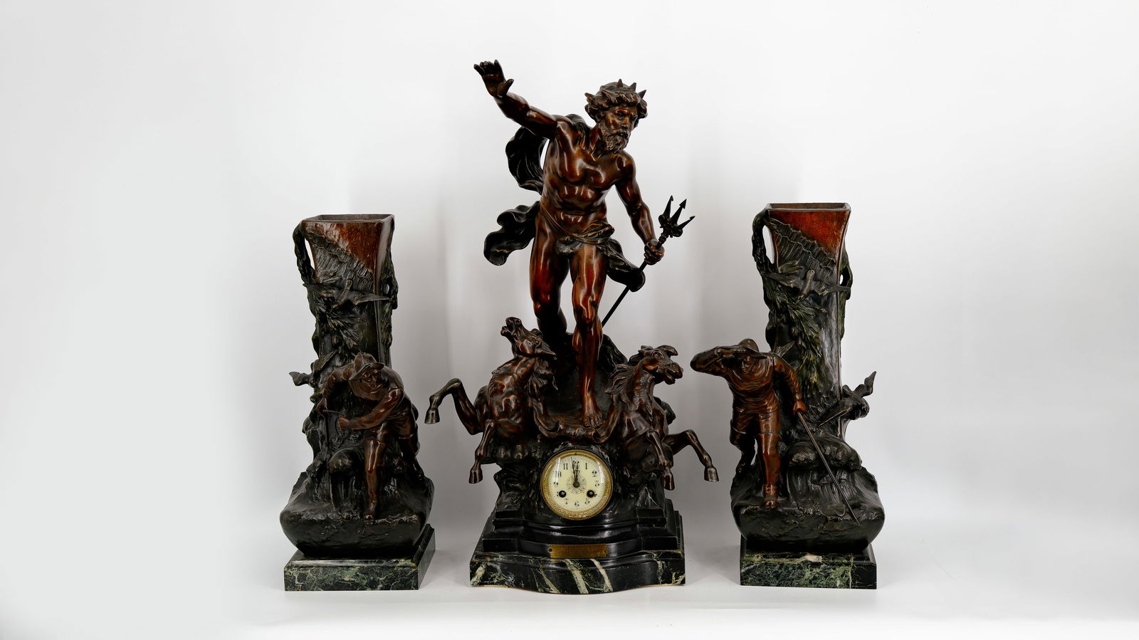 An imposing French patinated spelter figural mantle clock and vases, group scene of "Neptune" (1 of 18)