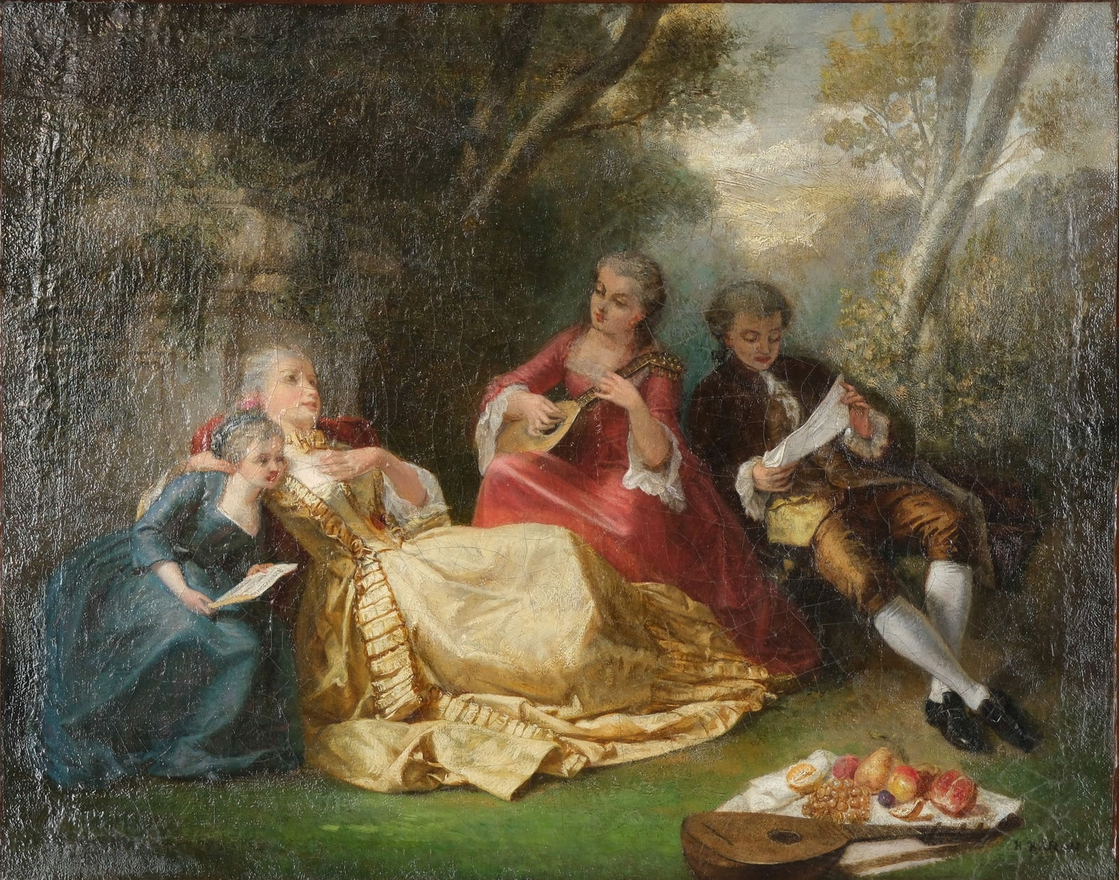 An oil on canvas, figural romance painting by Henri Charles Antoine BARON (1816-1885): An oil on canvas, figural romance painting by Henri Charles Antoine BARON (1816-1885) "Music in a garden scene". Signed and 19th century. W: 45 cm - W: 38 cm.