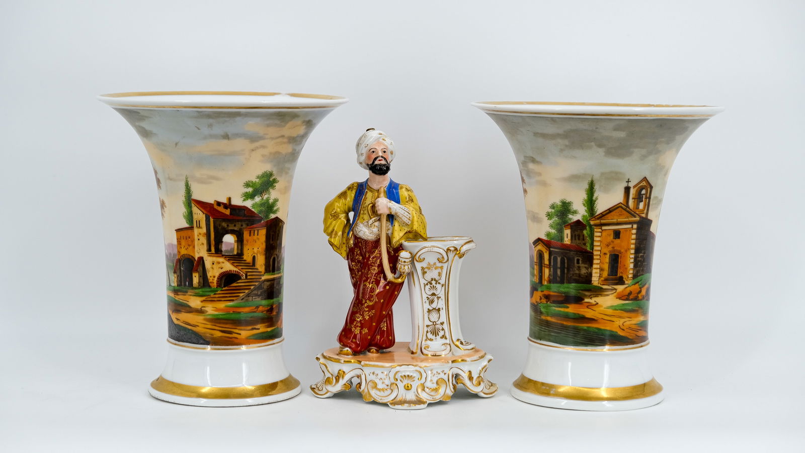 A lot of two antique Brussels porcelain vases, added one Old Paris porcelain oriental style figurine (1 of 10)