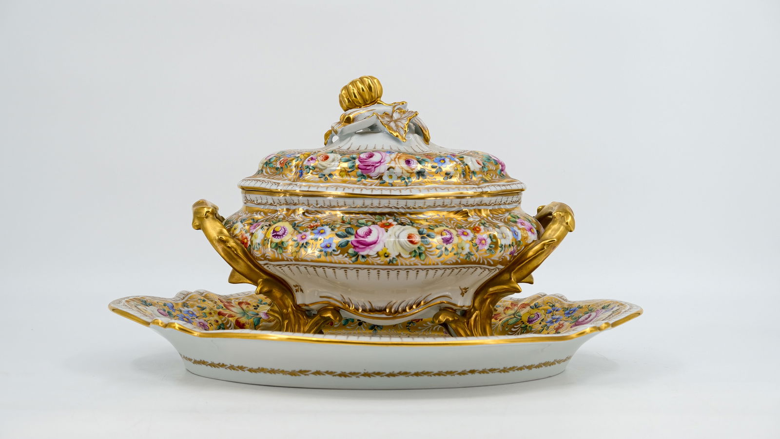 A French Limoges gilt decorated glazed porcelain covered tureen with underplate. Limoges France. (1 of 8)