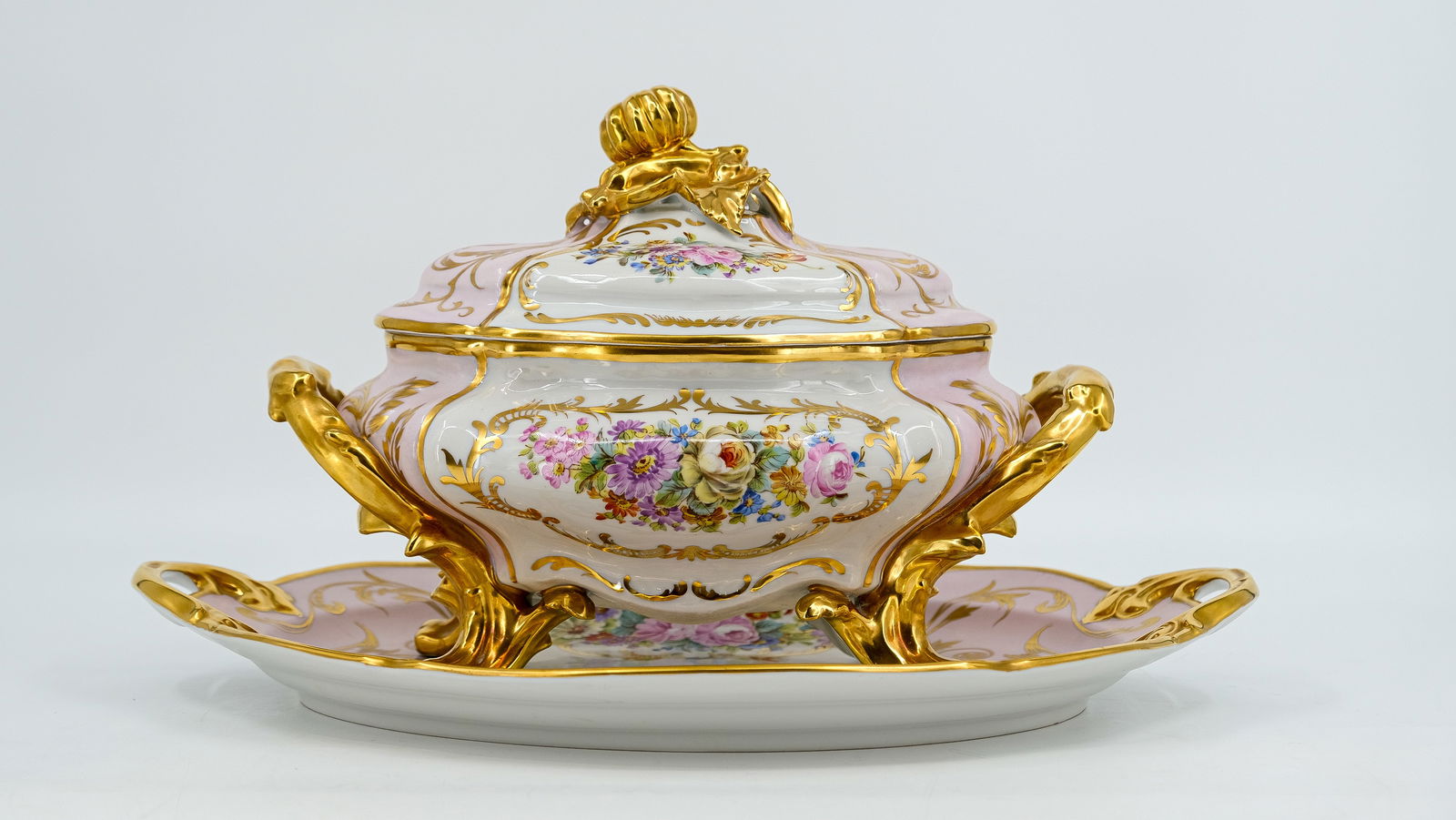 A French "Jival" gilt decorated glazed porcelain covered tureen and underplate. (1 of 8)