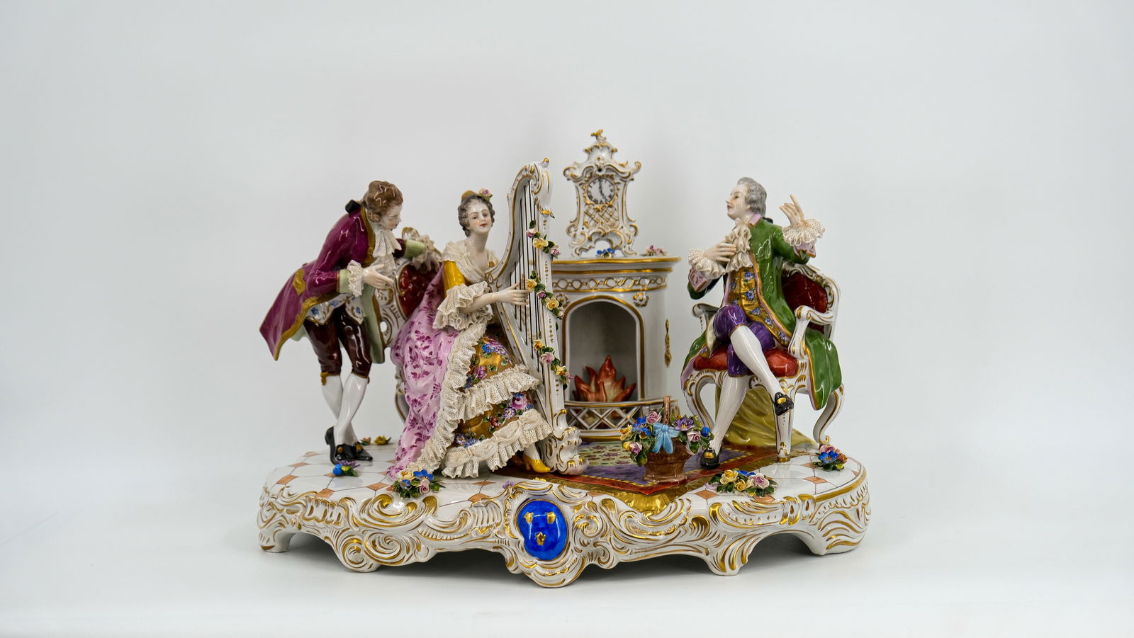 A large German Volkstedt figural Rococo style glazed porcelain "Musical" group of a Lady with harp (1 of 15)
