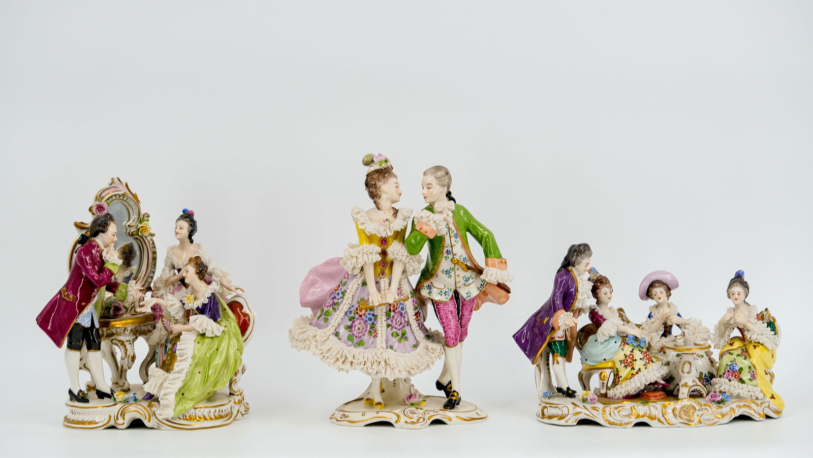 A lot of three German Volkstedt Rococo style and various marked figural glazed porcelain groups (1 of 9)
