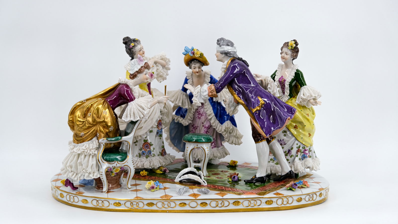 A large German Volkstedt Rococo figural glazed porcelain group. "The Blindfolding". (1 of 11)