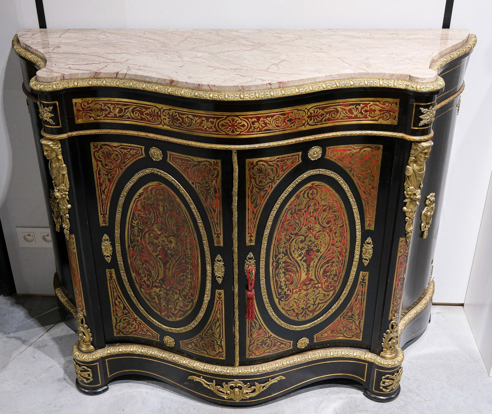 A French Antique inlaid Boulle style Napoleon III two-doors side cabinet, marble top. 19th Century (1 of 12)