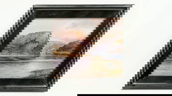 An antique hand-painted German KPM Berlin glazed porcelain plaque representing "The Loreley Lake": An antique hand-painted German KPM Berlin glazed porcelain plaque. Representing "The Loreley Lake" in a blackened frame. Mounted with a pressed scepter mark and numbered. 19th century. H: 29 cm -