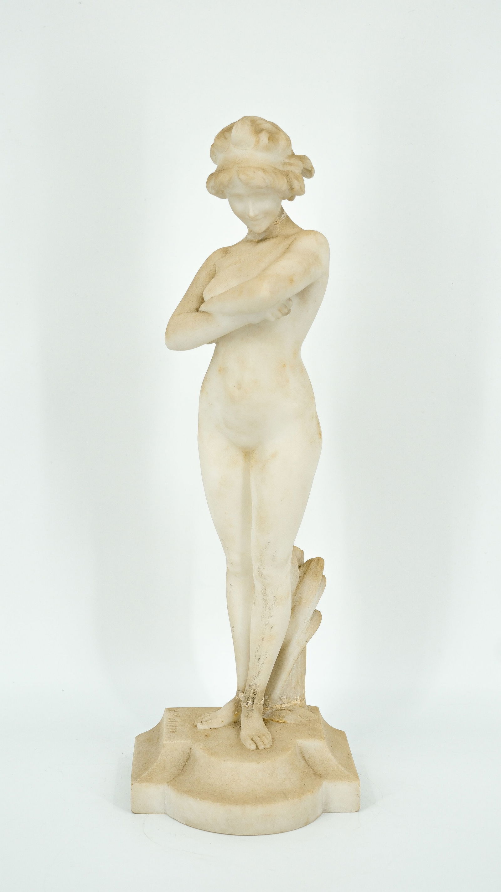Paul PHILIPPE (1870-1930) an antique white carved marble sculpture of a standing nude lady: An antique white carved marble sculpture of a standing nude lady, signed by Paul PHILIPPE (1870-1930). Circa 19th/20th century. H: 45,5 cm Condition: Head and feet broken off and are glued.