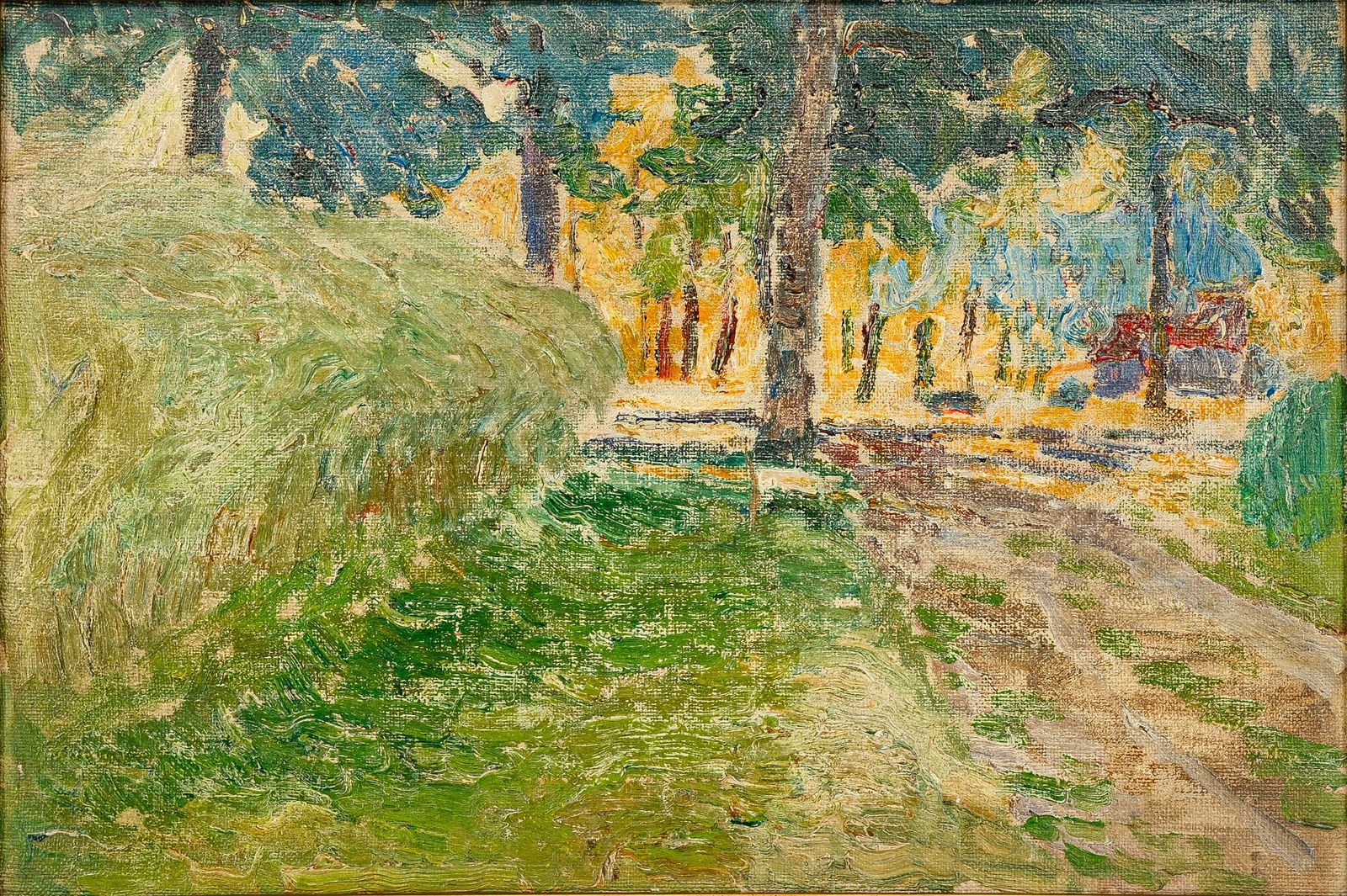 Emile CLAUS (1849-1924) - A Belgian painting of a country road in nature: Emile CLAUS (1849-1924) - A Belgian painting of a country road in nature, oil on canvas mounted on cardboard. H: 25,5 cm - W: 37 cm