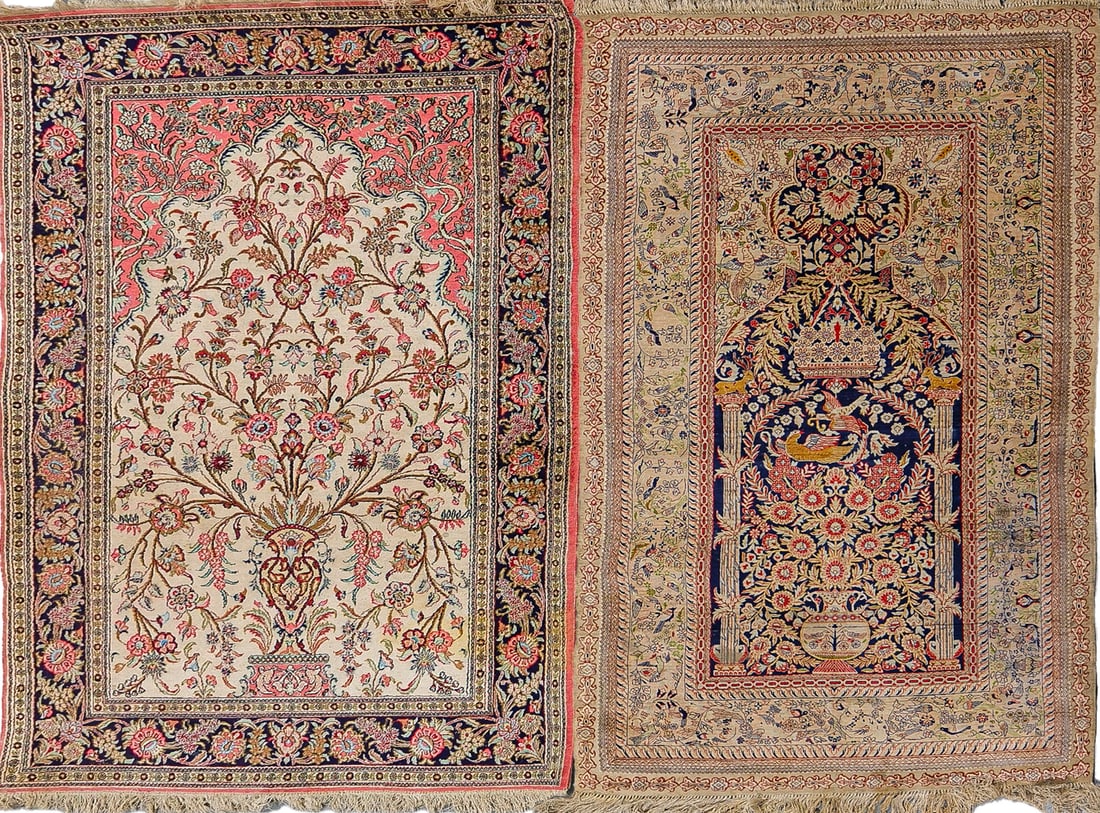 A composed lot of two hand-knotted Persian Iran Ghom silk-decorated Oriental rugs (1 of 16)