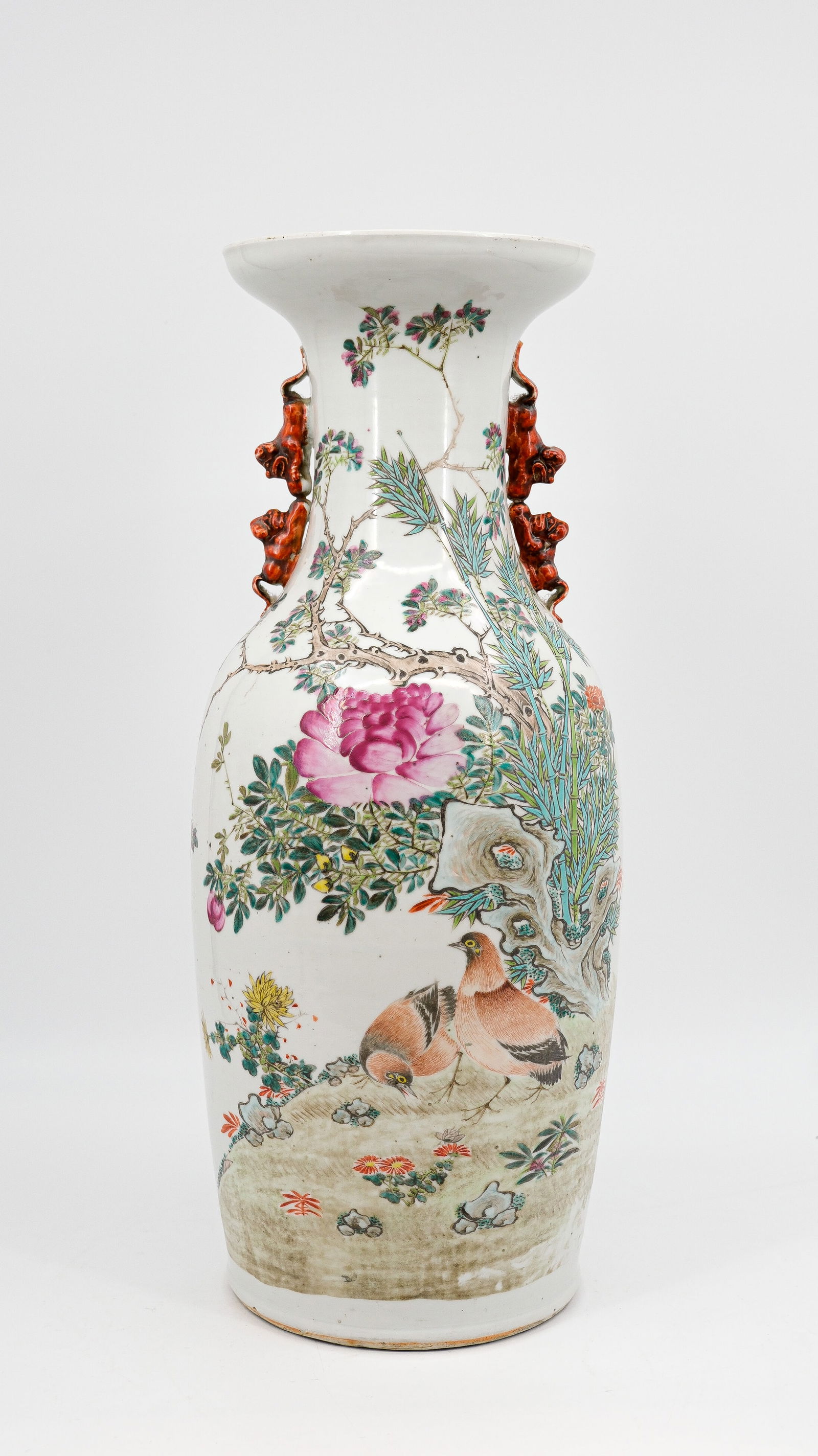A Chinese Qianjiang and Famille rose decorated porcelain vase with two quails in a garden scene (1 of 11)
