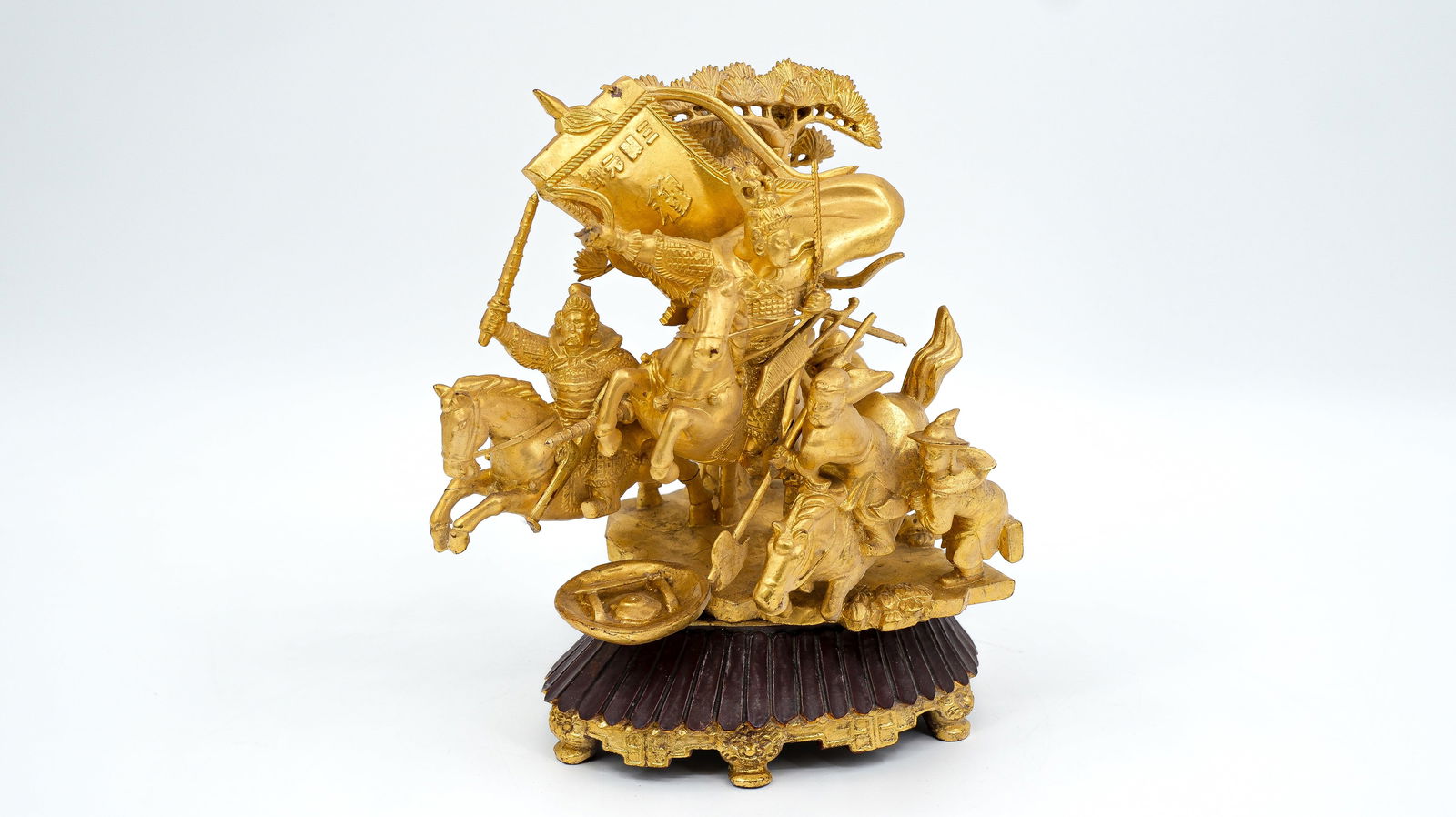 A Chinese gilt carved wood figural sculpture group of warriors in battle scene (1 of 11)