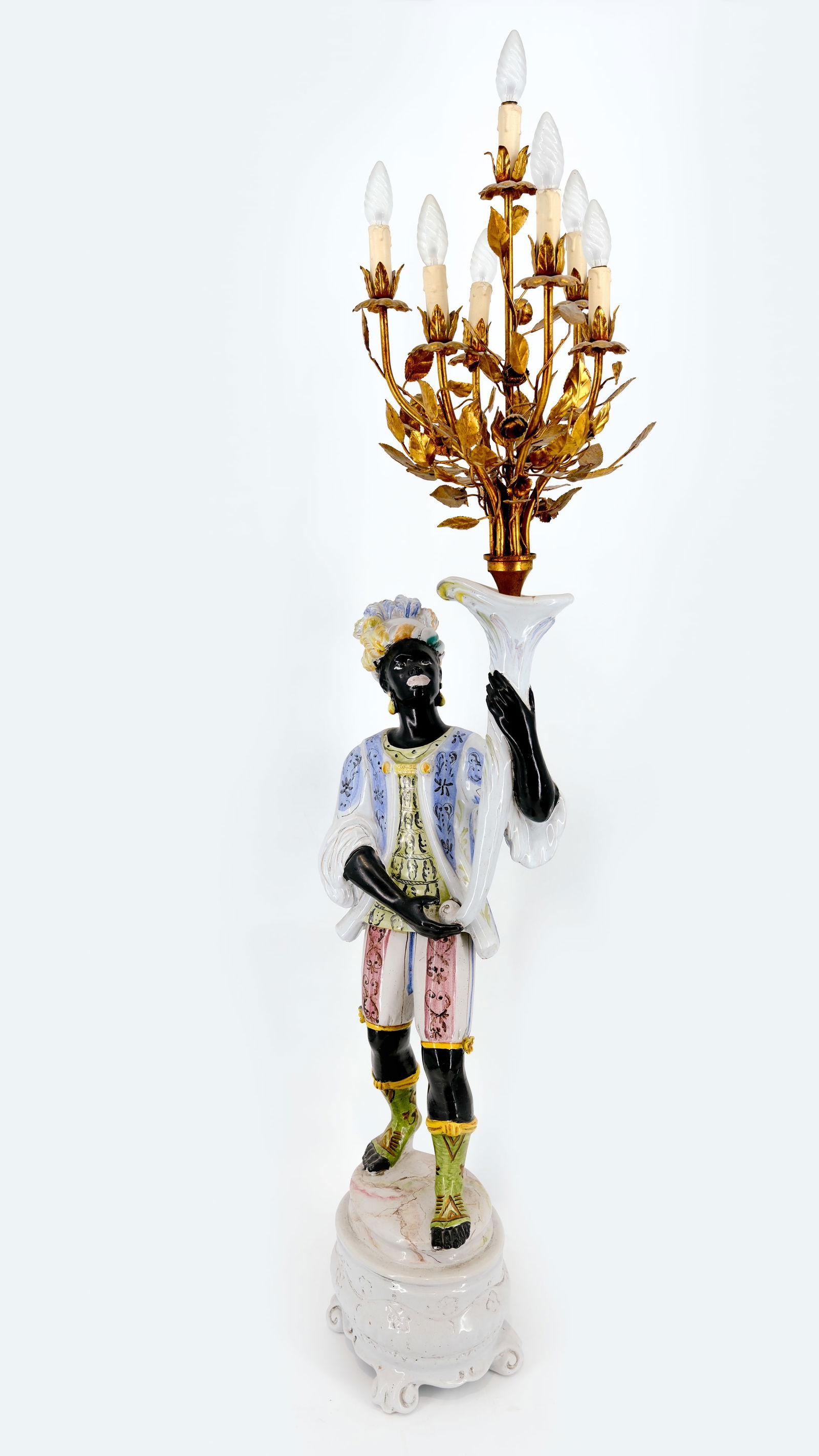 A large Italian Venetian style blackamoor polychrome glazed ceramic figure and brass mounted lamp (1 of 8)