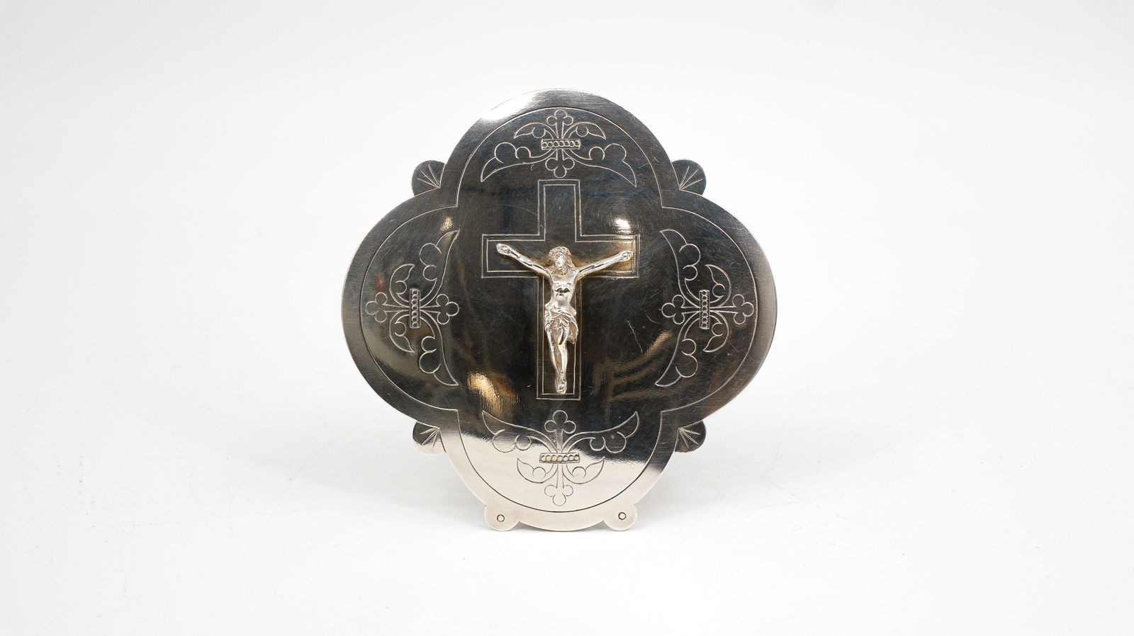 A religious church silver-plated brass kiss plate, decorated with Christ on the cross (1 of 7)