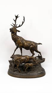 Hippolyte HEIZLER (1828-1871) - Stag, doe and their fawn - a large French spelter group sculpture: Hippolyte HEIZLER (1828-1871) - Stag, doe and their fawn. A large French spelter group sculpture. Signed and circa 1900. H: 56 × W: 39 × D: 22 cm