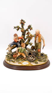 A large Italian Capodimonte figural biscuit group: A large Italian Capodimonte figural biscuit group. Mounted on a wooden base. Marked and circa 1980s. H: 39 × W: 43 × D: 32 cm