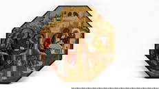 An antique Russian tempera on wood hexagonal shaped icon with two seated evangelists