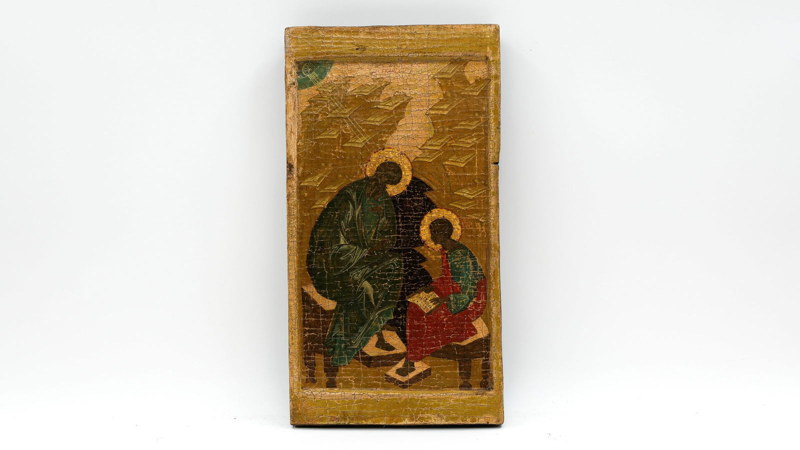 An antique Russian tempera on wood icon depicting St. John the Evangelist and Prochorus (1 of 5)