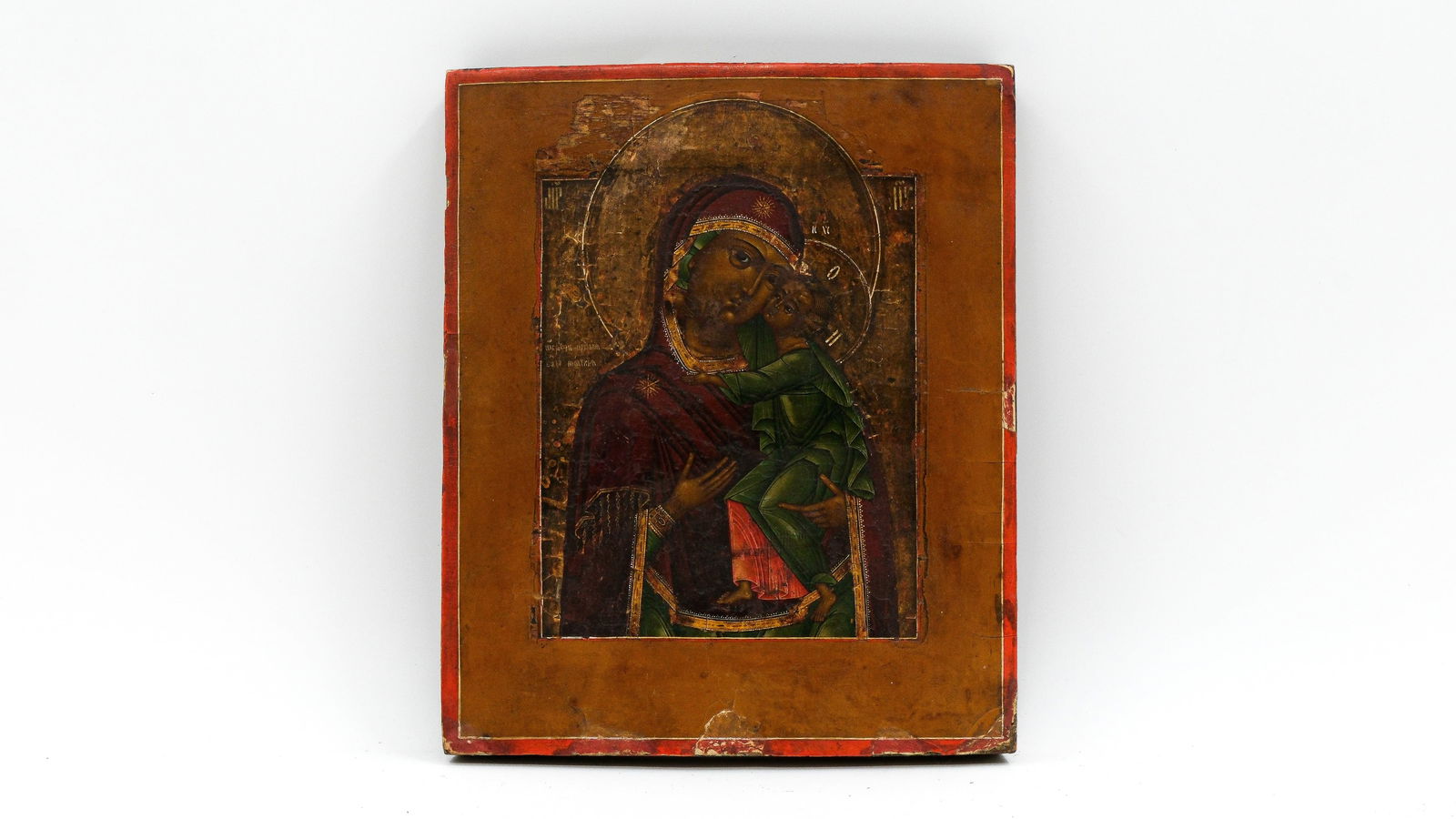 A small and antique Russian tempera on wood icon of the Virgin of Vladimir (1 of 5)