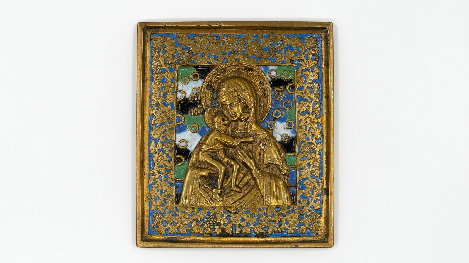 An antique Russian cast bronze icon of the Mother of God of Vladimir with polychrome enamel (1 of 5)
