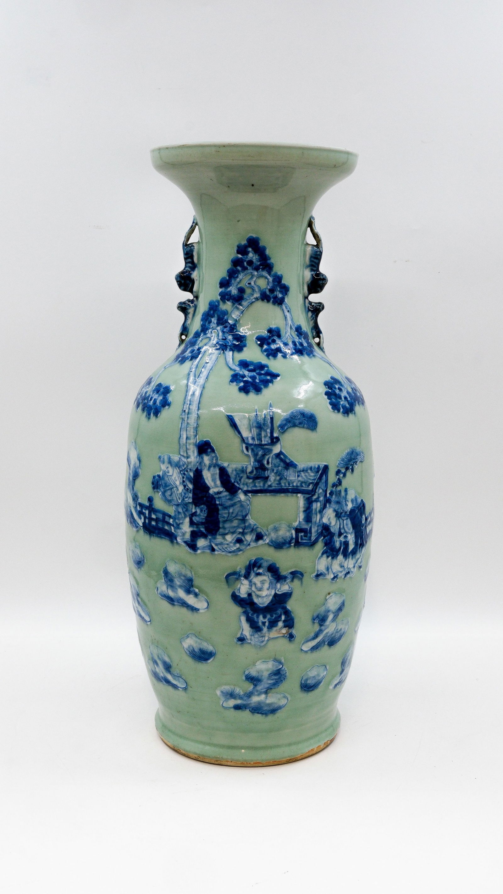 A Chinese blue and white on celadon figurative decorated porcelain vase (1 of 10)