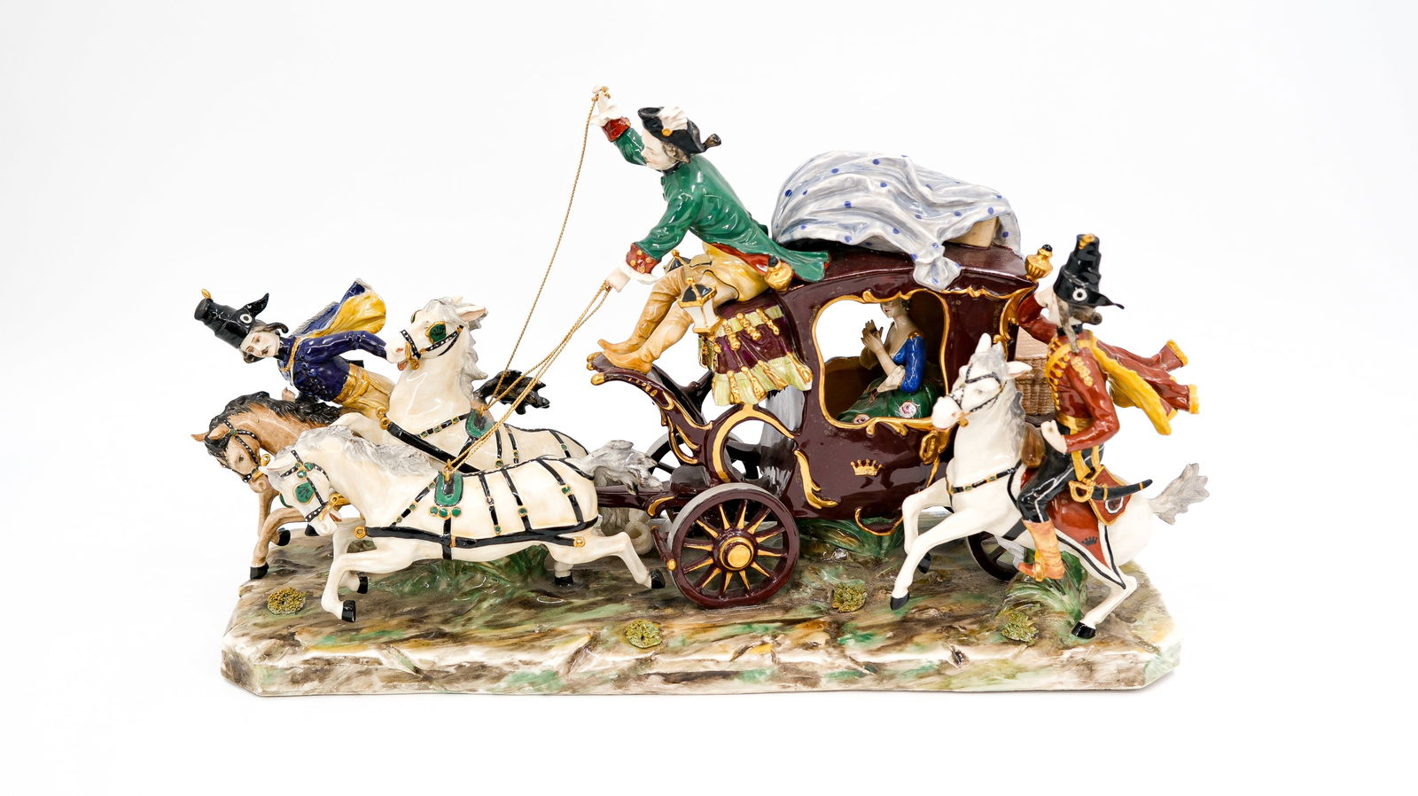 A large Saxony style decorated porcelain figural group of a carriage drawn by horses (1 of 11)