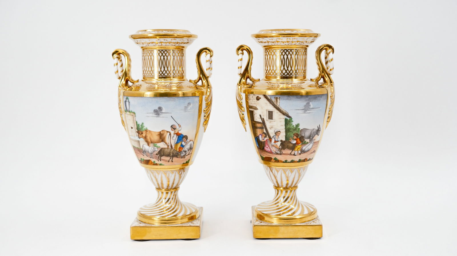 A lot of two antique French Paris richly decorated glazed porcelain vases (1 of 10)
