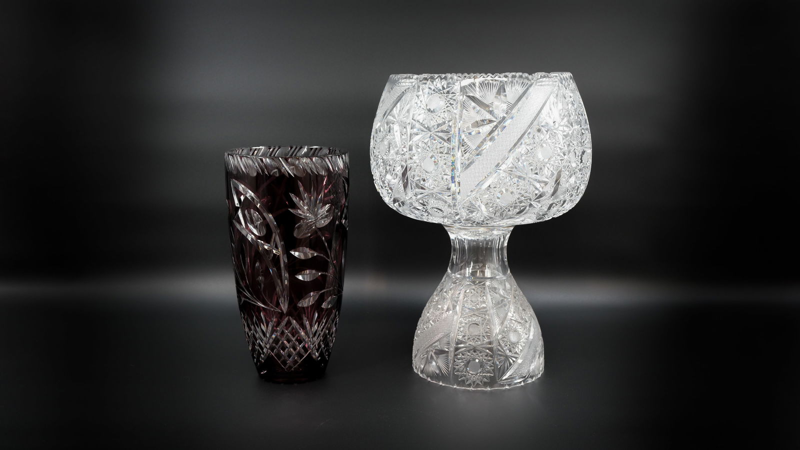 A lot of two large Bohemian clear and purple cut crystal vases (1 of 17)