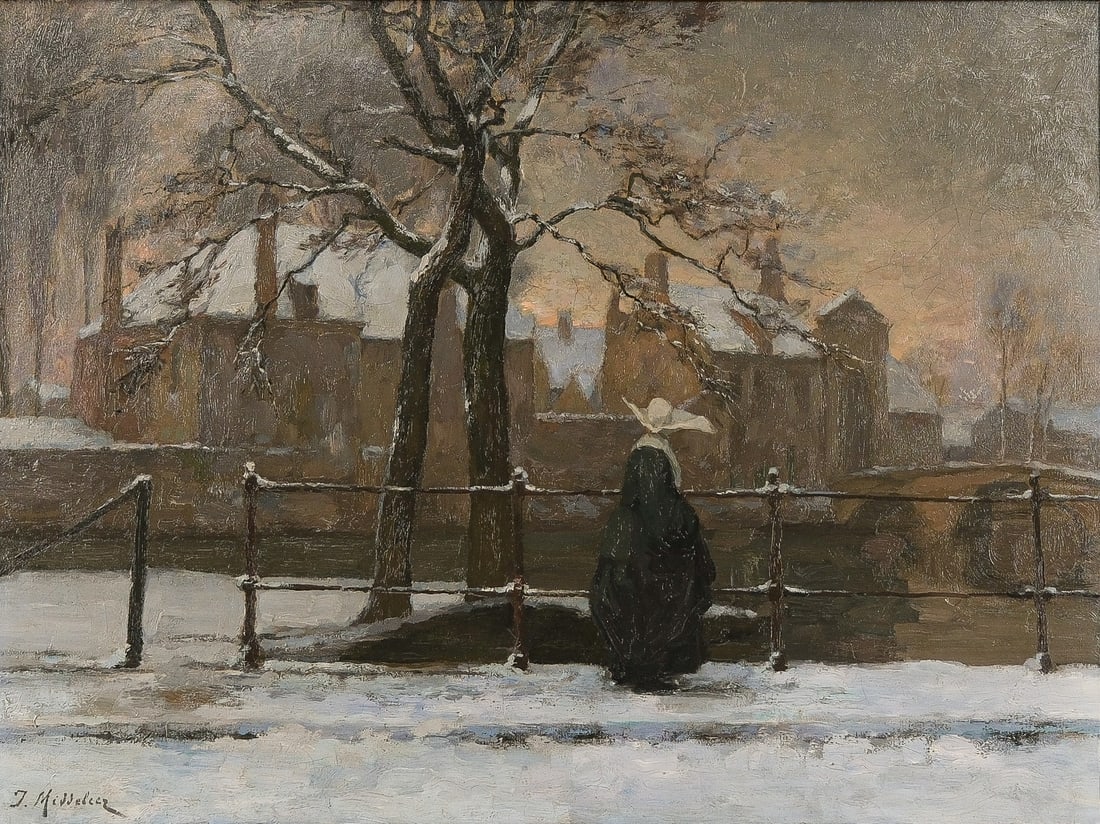 Joseph MIDDELEER (1865-1934) "Winter scene in the city" - an oil on canvas painting (1 of 6)