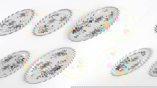 A lot of six antique Chinese Famille rose floral decorated porcelain plates: A lot of six antique Chinese famille rose floral decorated porcelain plates.  18th century.  Condition: rim chips, bottom hairline crack.  Report available on request.  W: 28 cm, largest