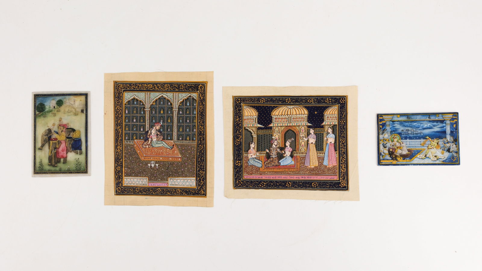 A lot of two Mughal paintings on silk, together with two alabaster various painted plaques (1 of 7)