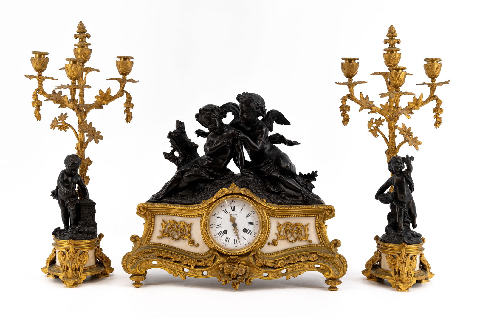 An antique French DENIERE à Paris gilt and patinated bronze mantel clock set with marble plaques (1 of 14)