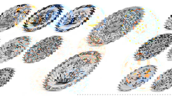 A composed lot of ten antique Dutch Delft polychrome ceramic plates with various floral decors: A composed lot of ten antique Dutch Delft polychrome ceramic plates with various floral decors.  18th century.  Condition: rim chips, Report available on request.  W: 22 - 34,5 cm, smallest to largest