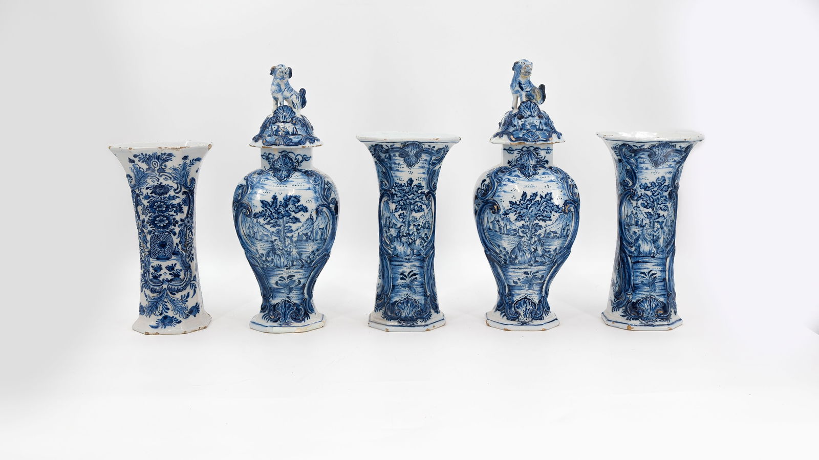 A matching set of five antique Dutch Delft blue and white polychrome ceramic cabinet vases (1 of 12)