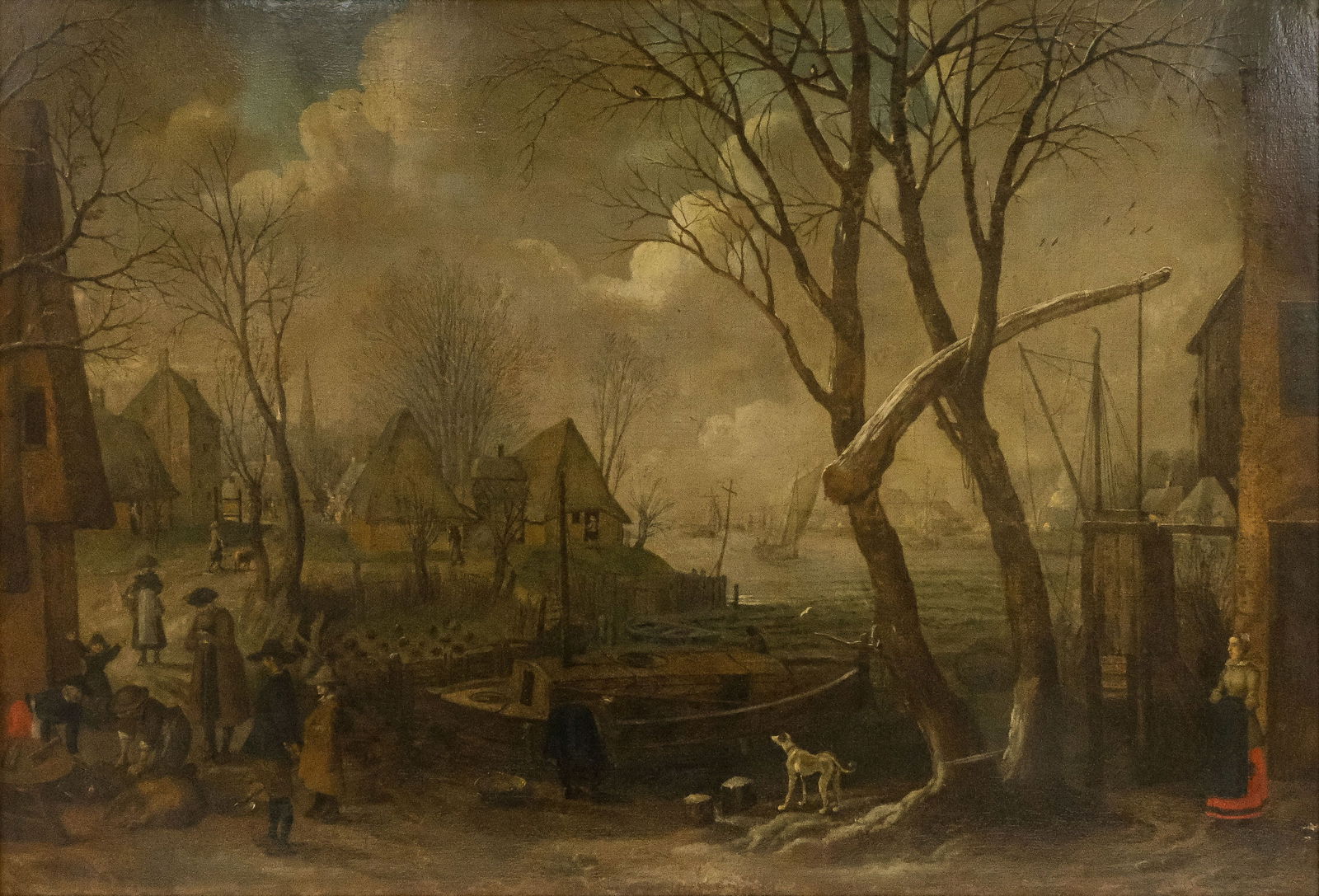 ANONYMOUS (XVIII) Important antique oil on canva painting with an animated winter landscape scene (1 of 10)