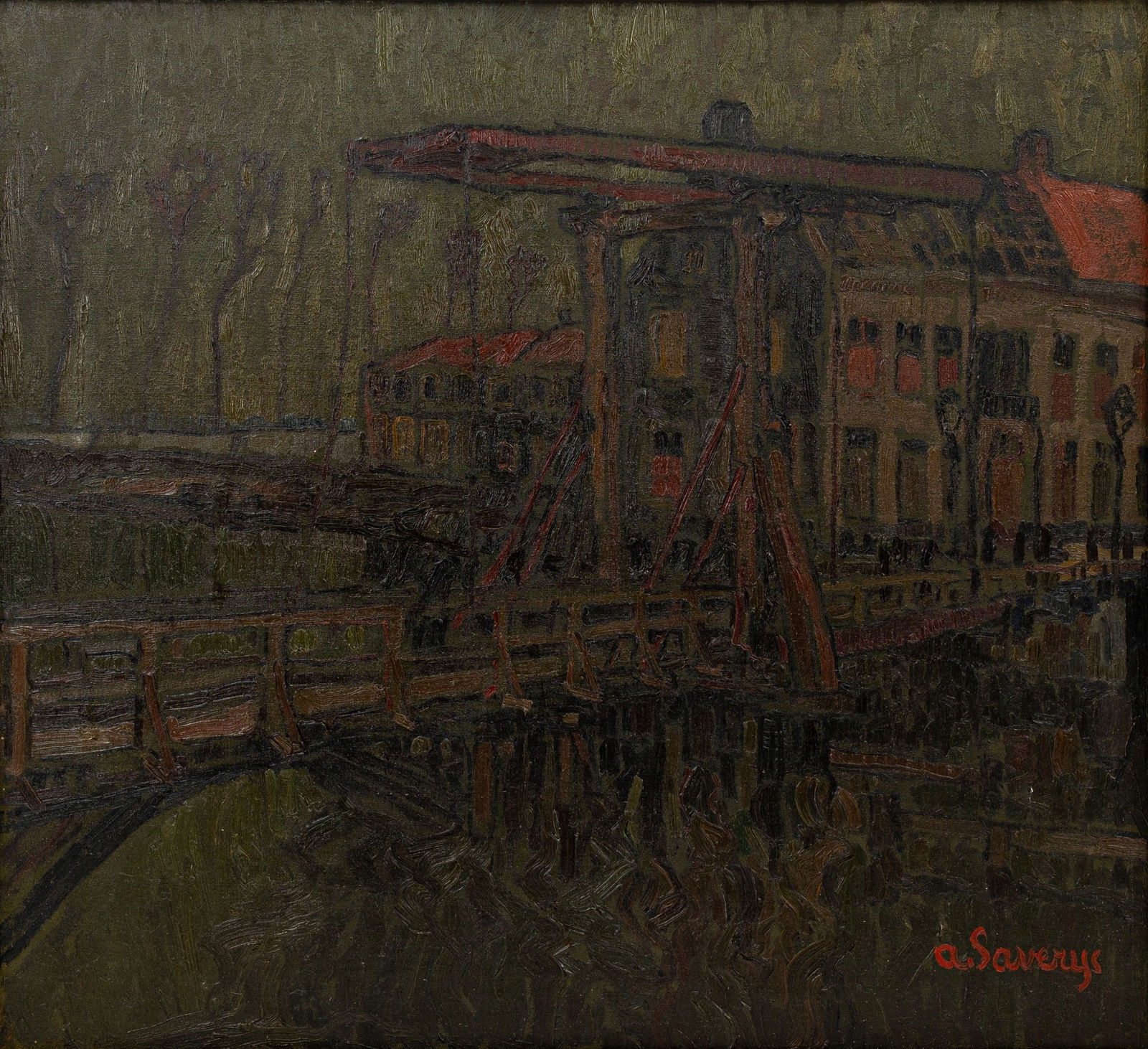 Albert SAVERYS (1886-1964) "The bridge of Deinze" a Belgian oil on canvas painting: Albert SAVERYS (1886-1964) "The bridge of Deinze". A Belgian oil on canvas painting. Signed lower right. Circa 1940s. H: 61 - W: 55,5 cm