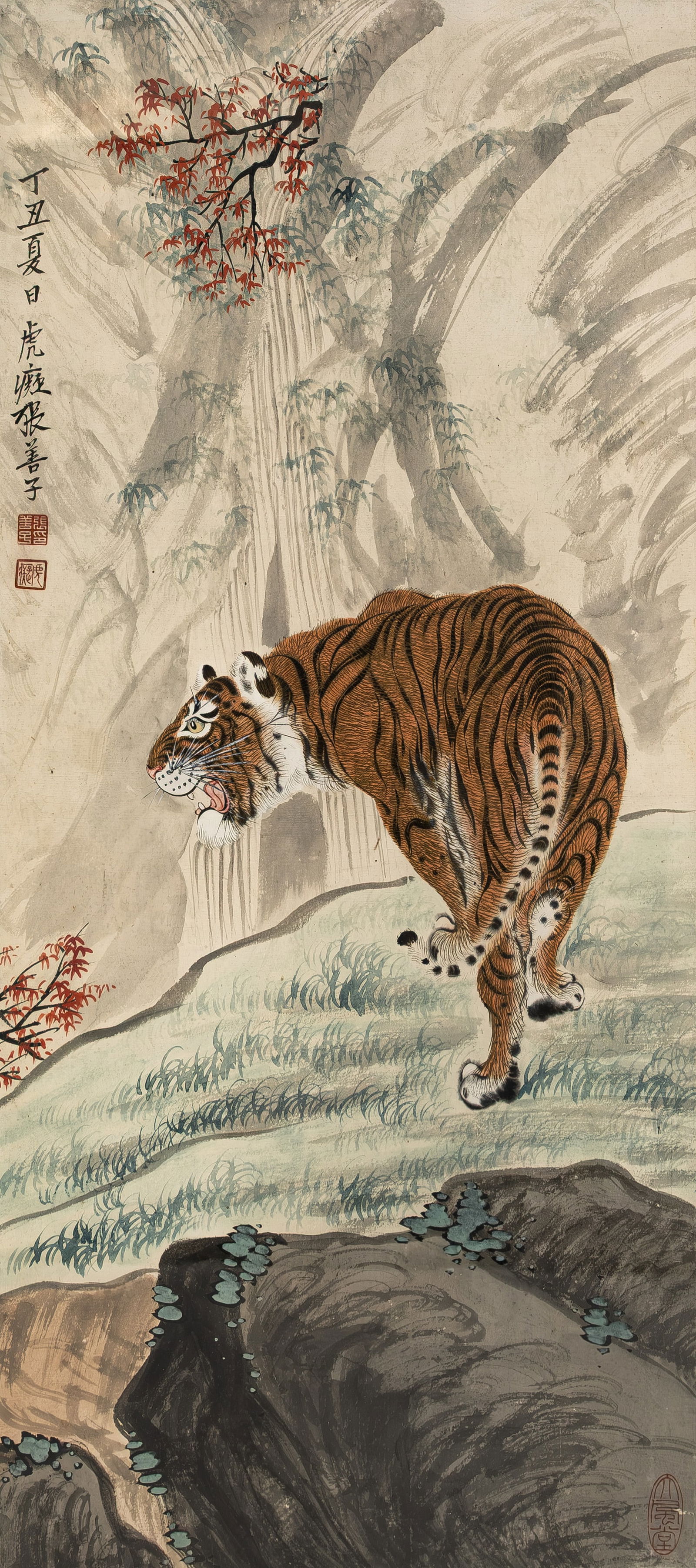 A large Chinese fine watercolor on paper drawing representing a tiger in a nature scene (1 of 7)