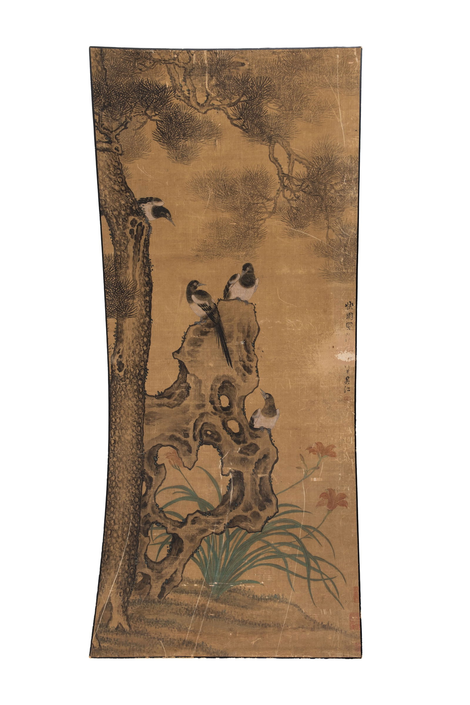 A large Chinese watercolor on silk painting of birds and branches mounted on board (1 of 8)