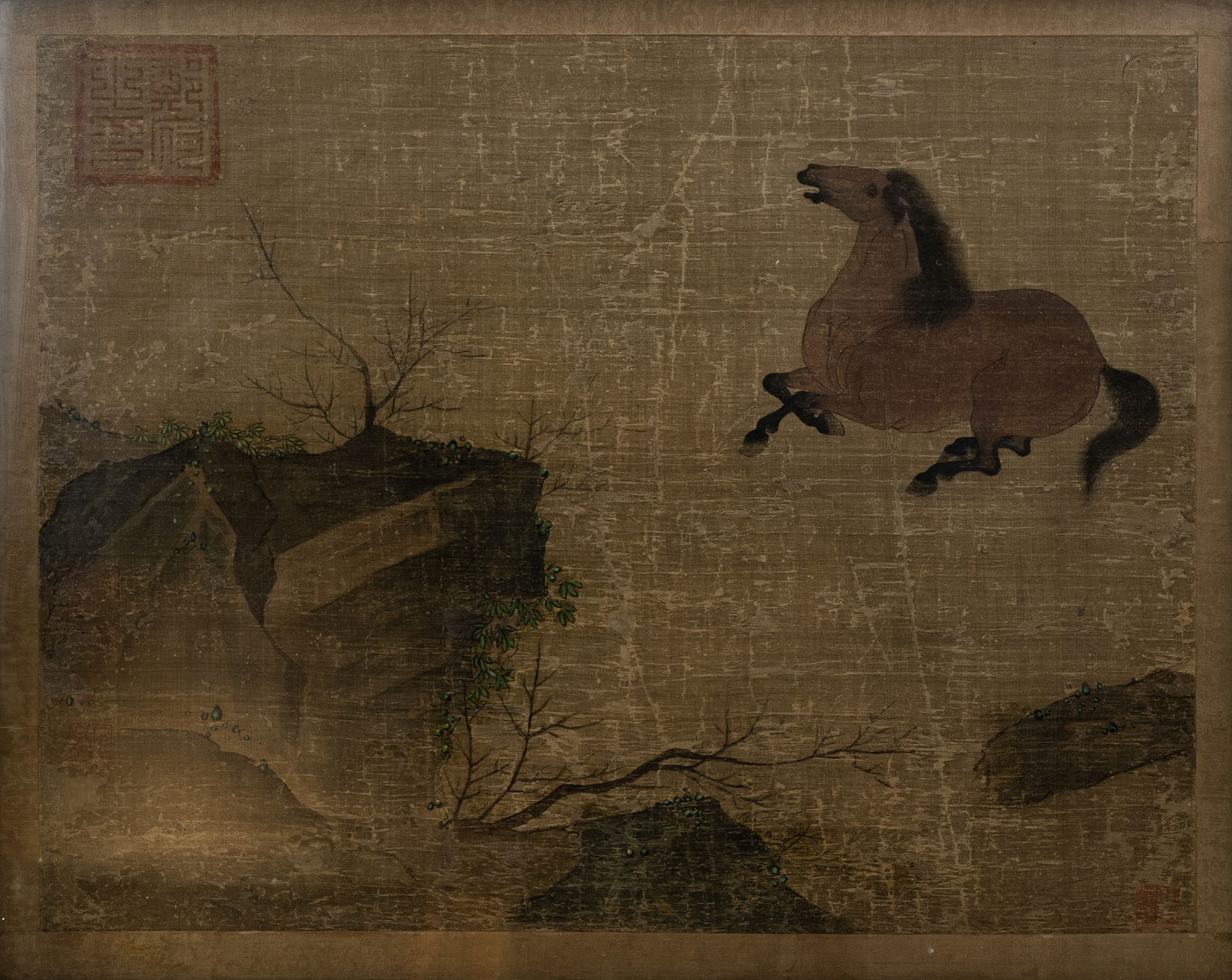 An antique Chinese finely decorated watercolor on silk painting depicting a horse scene (1 of 7)
