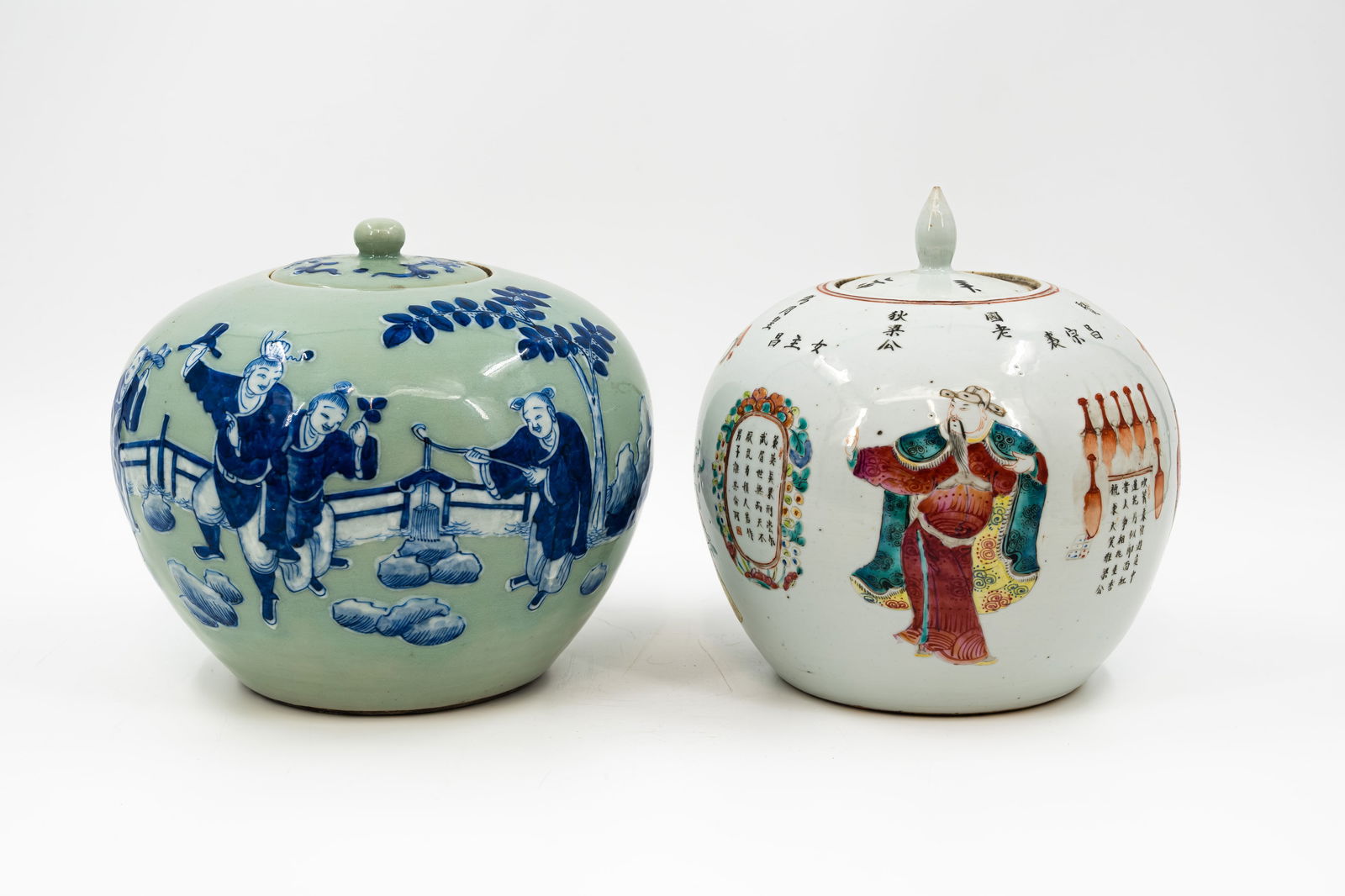 A Chinese blue and white on celadon decorated covered porcelain ginger vase, together with one (1 of 16)