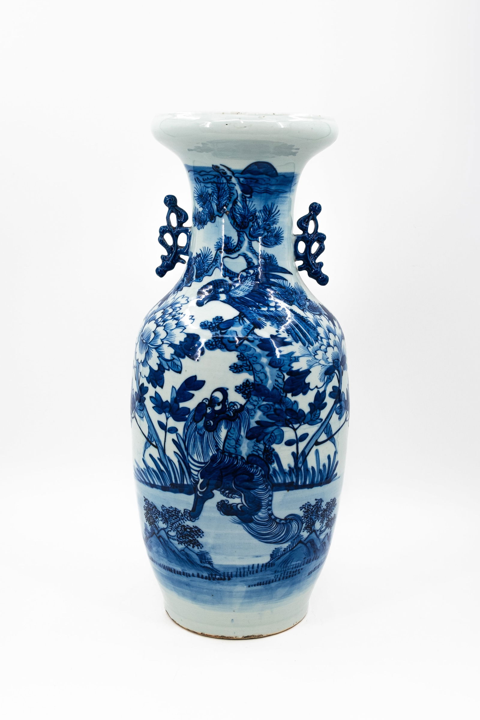 A Chinese blue and white porcelain vase decorated with a dragon and a bird in nature (1 of 11)
