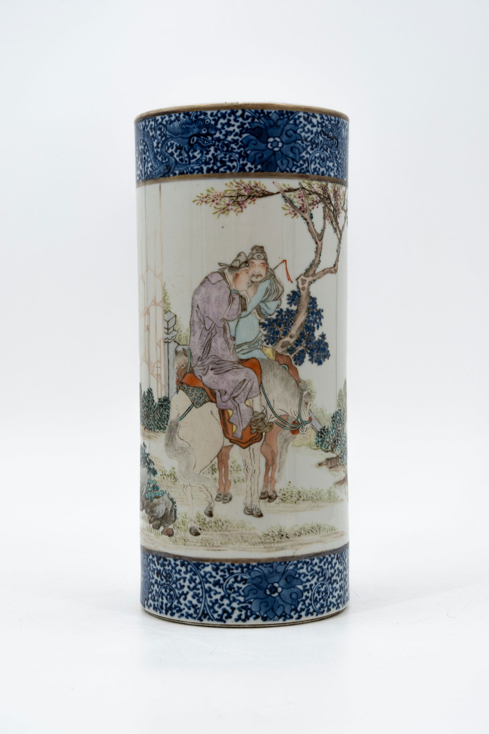 A Chinese Qianjiang finely decorated and cylindrical shaped porcelain hat vase: A Chinese Qianjiang and blue and white finely decorated and cylindrical shaped porcelain hat vase. Garden scene of an immortal on a horse and a blue and white dragon scene. 19th/20th century. Condit